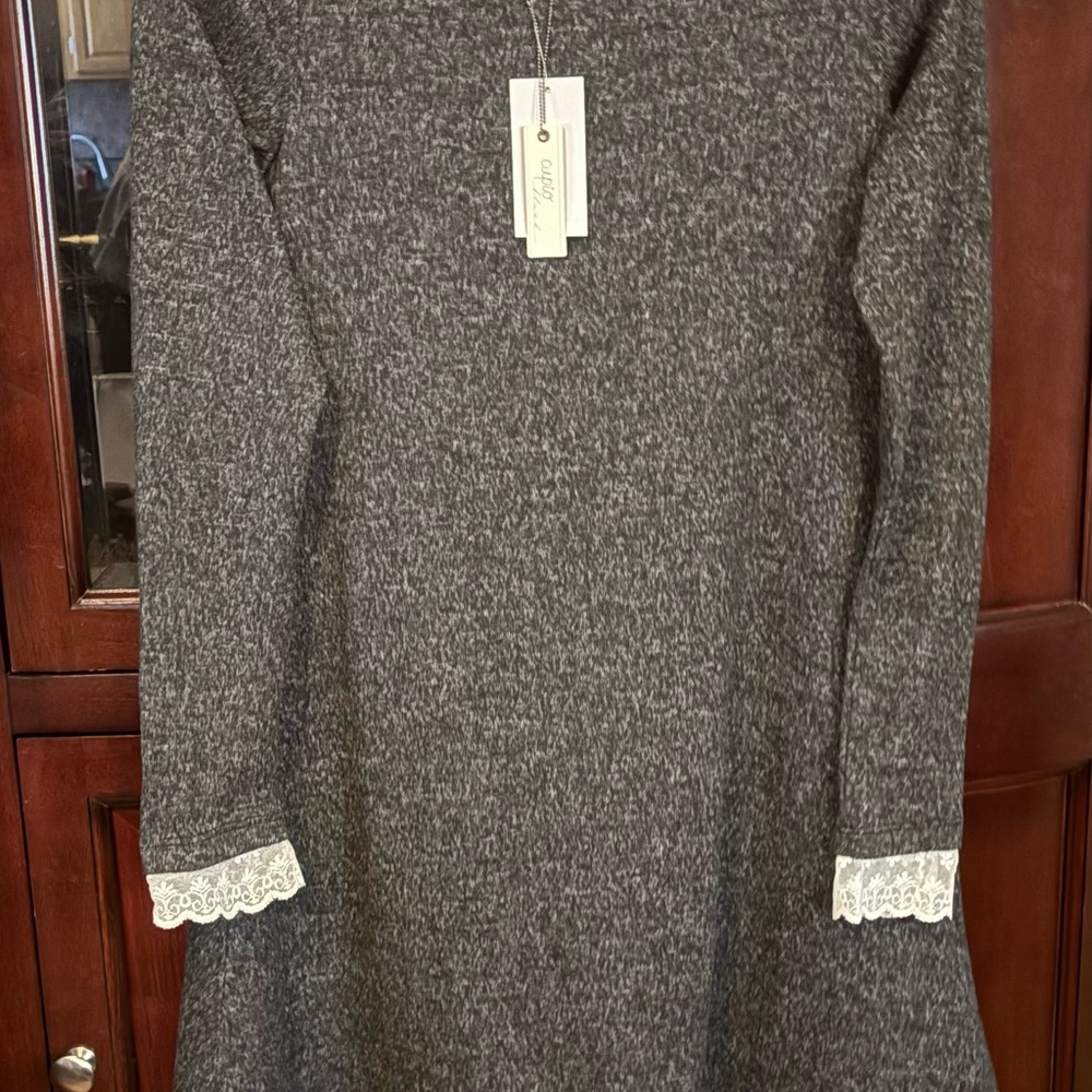 Cupio Gray Long Sleeve Dress with Lace Trim Boutique Dress